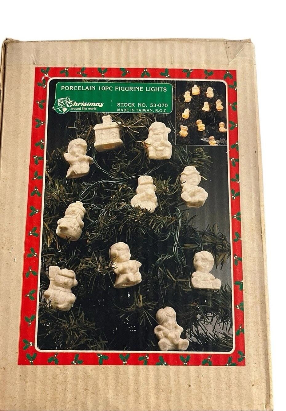 Vintage Christmas Tree String Lights Porcelain 10 Piece Figurine Snowman Cozy